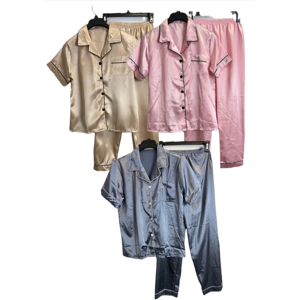 Lot of 3 Womens S Satin Pajama Sets Short Sleeve Button up Top Pants Loungewear
